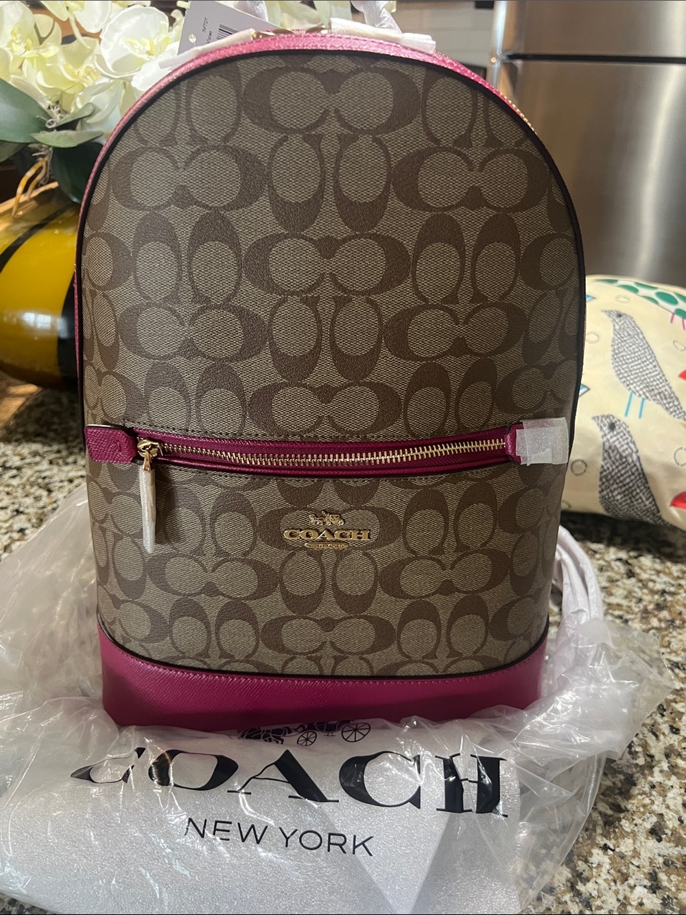 Coach Signature Canvas Backpack in Brown with Pink Trim